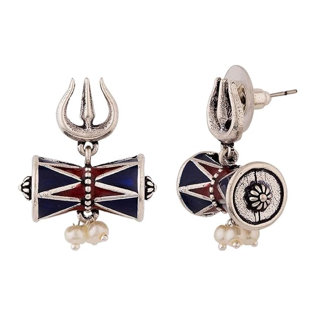 Oxidised Damru Trishul Silver Stud Earrings