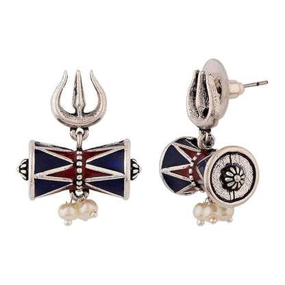 Oxidised Damru Trishul Silver Stud Earrings