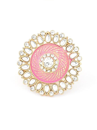 Pastel Pink Meenakari Kundan Traditional Ring