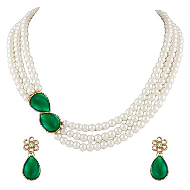 Green Necklace Set in Faux Pearl and Crystal Necklace Jewellery Gift Set for Women