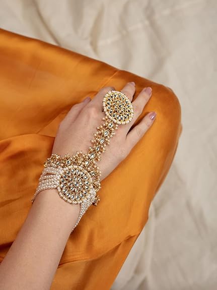Wedding Bracelet in Gold Kundan & Pearl Mesmerising Hand Harness Style