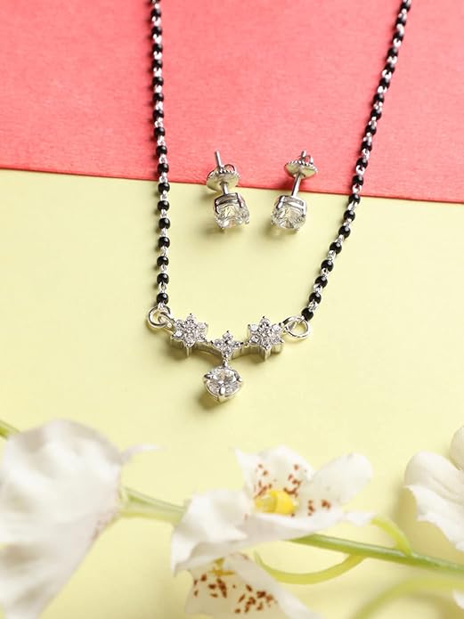 Simple Mangalsutra in 925 Sterling Silver Elegant Stone Studded Design with Earrings and Chain Platinum Plated Swiss Zirconia for Wife