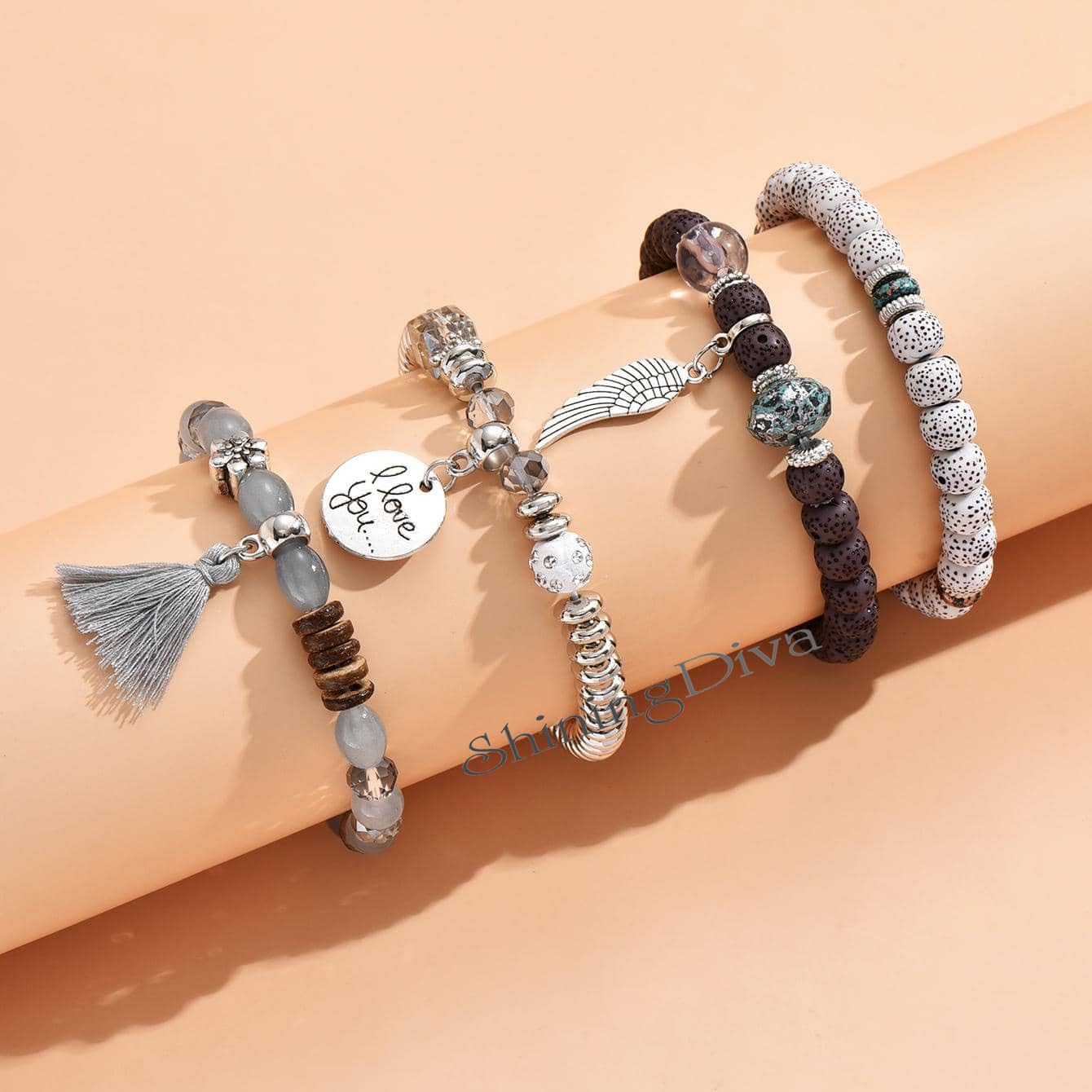 Bohemian I Love You Feather Charm Beaded Multilayer Bracelet