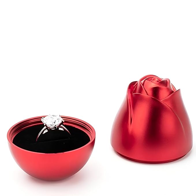 Wedding Ring Box for Ceremony with Metal Rose Design and Hidden Jewelry Storage