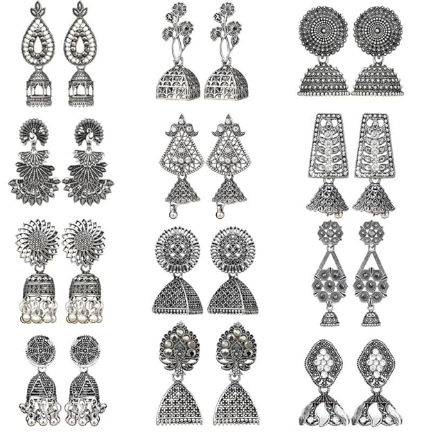 Traditional Earrings Jhumka Oxidised Set of 12