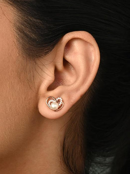 Pearl Heart Earrings in Sterling Silver Adah Freshwater Pearl Design with Rose Gold Plated Swiss Zirconia