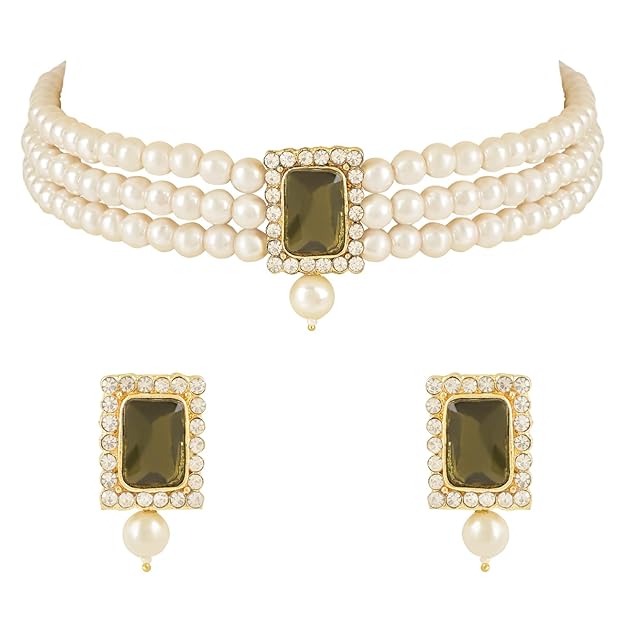 Pearl Choker Necklace in Gold Plated Traditional Stone and Pearl Choker Necklace Jewellery Set for Women
