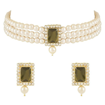 Pearl Choker Necklace in Gold Plated Traditional Stone and Pearl Choker Necklace Jewellery Set for Women