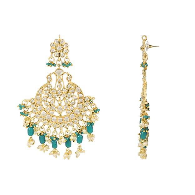 Maang Tikka with Pearl in Gold Plated Big Kundan Chandbali Earring Set