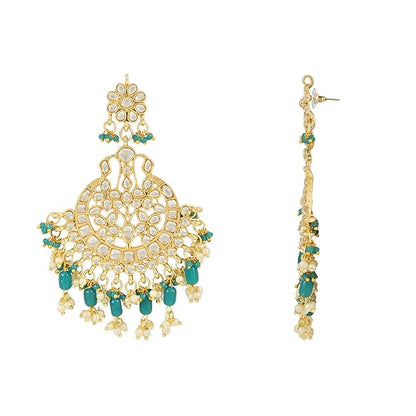 Maang Tikka with Pearl in Gold Plated Big Kundan Chandbali Earring Set