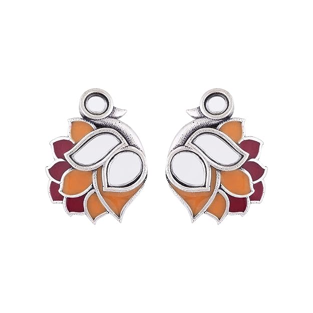 Large Silver Stud Earrings in Bird Motif Traditional Design