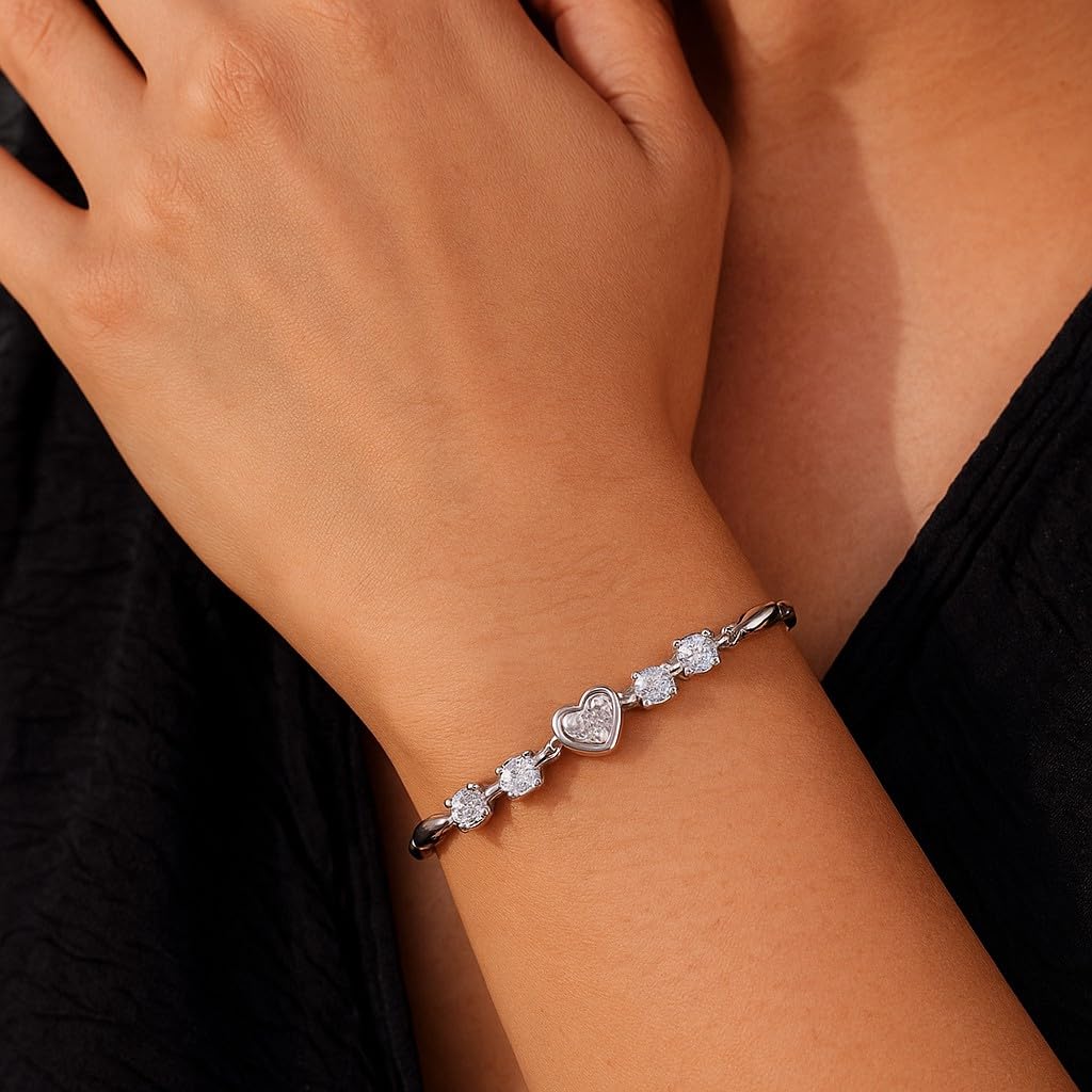 Copper Sterling Silver Plated Heart Shape Designed Charm Bracelet for Women (White Color)