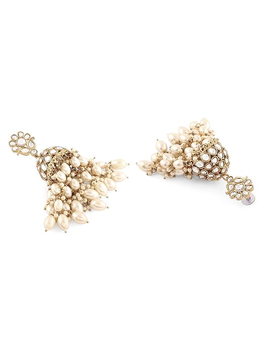 Gold Pearl Dangle Earrings in Gold Tone Kundan and Cluster Pearl Jhumka Design