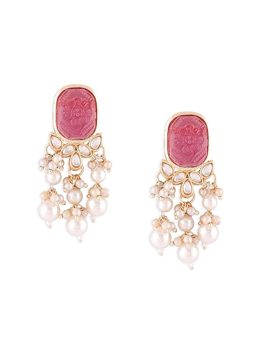 Drop Earrings Women in Wine Color Stone Kundan and Pearl Layered Gold Tone Design