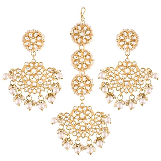 Mang Tikka for Women in 18K Gold Plated Matte Finish Kundan & Faux Pearl Chandbali Set