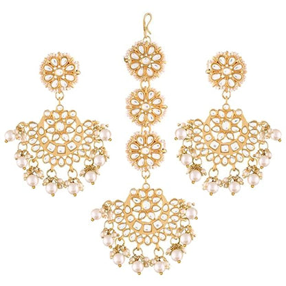 Mang Tikka for Women in 18K Gold Plated Matte Finish Kundan & Faux Pearl Chandbali Set