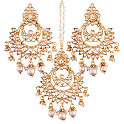 Earrings Set with Maang Tikka in Gold Plated Kundan & Pearl Traditional Design