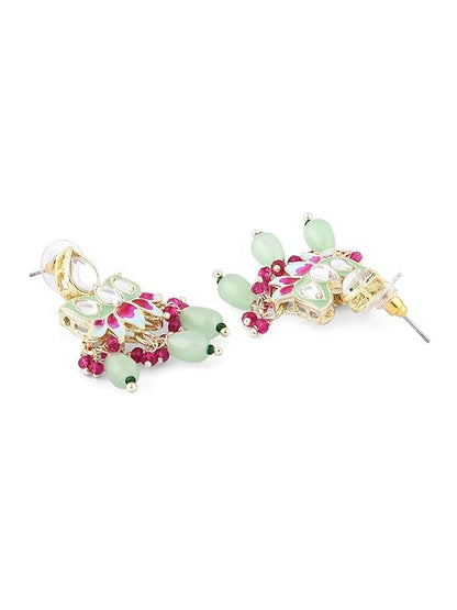 Lotus Green Pink Meenakari Necklace Earring Set