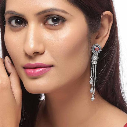 Silver Pearl Drop Earrings in Mandala Tassel Drop Design for Women and Girls