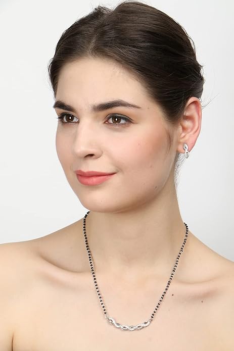 Mangalsutra Online in 925 Sterling Silver Stone Studded Contemporary Design with Earrings and Chain