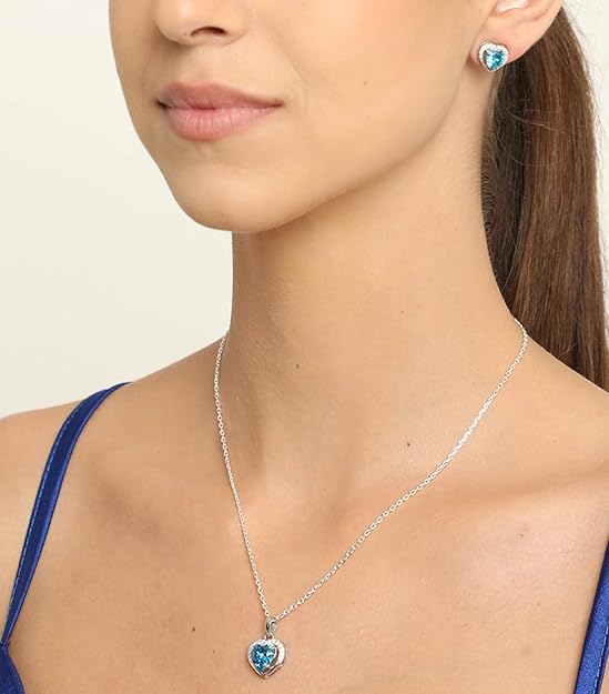Heart Pendant and Earring Set in 925 Sterling Silver with Sky Blue Zirconia Design