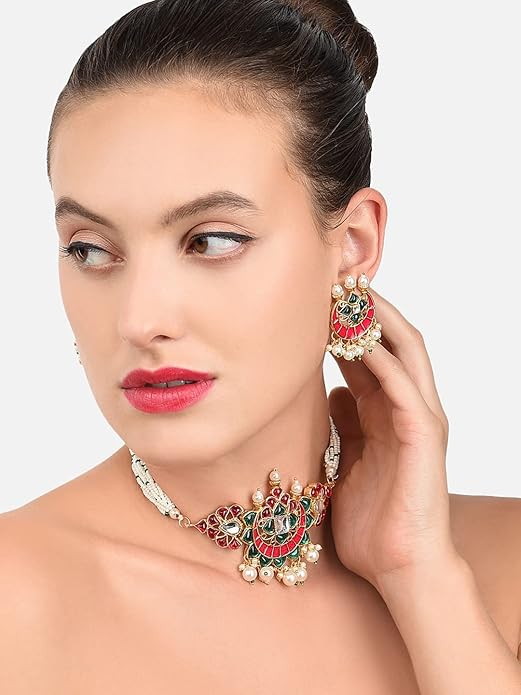 Meenakari Choker Pink Green Choker Pearl Set