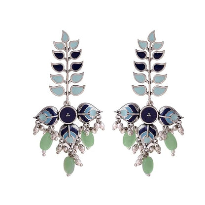 Silver Leaf Drop Earrings in Oxidised Multicolor Long Drop Design for Women and Girls