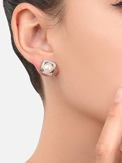 Rose Gold Cubic Zirconia Pearl Stud Earrings