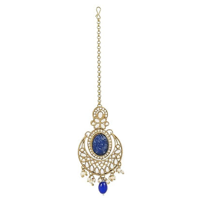 Head Maang Tikka in Gold Plated Traditional Pearl Hanging Kundan Chandbali Set