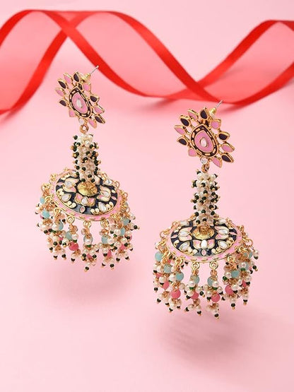 Meenakari Jhumka Earrings With Multicolor Beads
