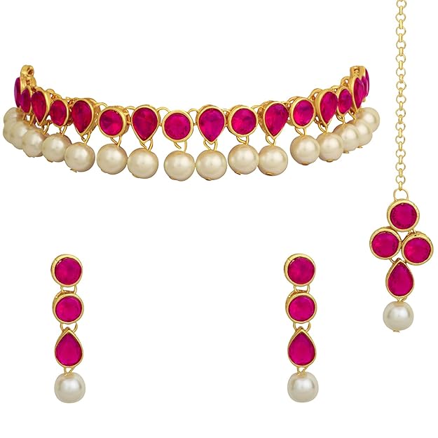 Kundan Jewellery Set in Traditional Kundan and Pearl Choker Necklace with Earrings and Maang Tikka Jewellery Set for Women and Girls