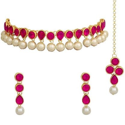 Kundan Jewellery Set in Traditional Kundan and Pearl Choker Necklace with Earrings and Maang Tikka Jewellery Set for Women and Girls