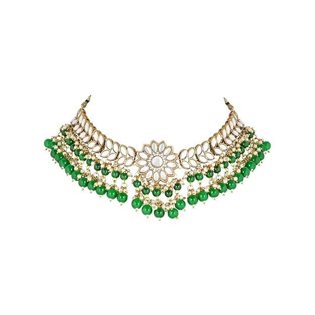 Kundan Choker Necklace Set in 18K Gold Plated Traditional Kundan Studded Pearl Hanging Choker Necklace Jewellery Set with Earrings and Maang Tikka