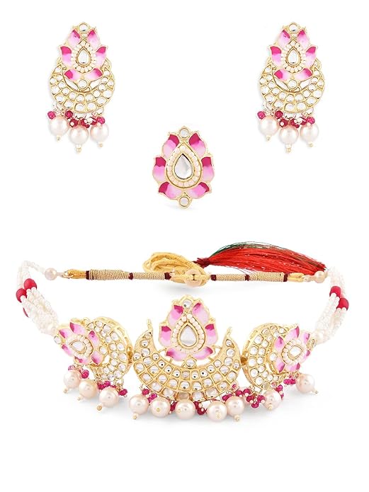 Pink Choker Necklace Meenakari Lotus Design
