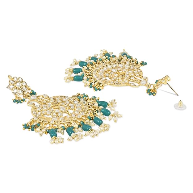 Maang Tikka with Pearl in Gold Plated Big Kundan Chandbali Earring Set