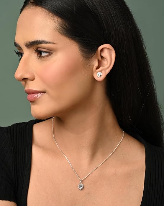 Diamond Pendant Set with Earrings in Sterling Silver Zilvia Heart Solitaire Design with Platinum Plated Swiss Zirconia