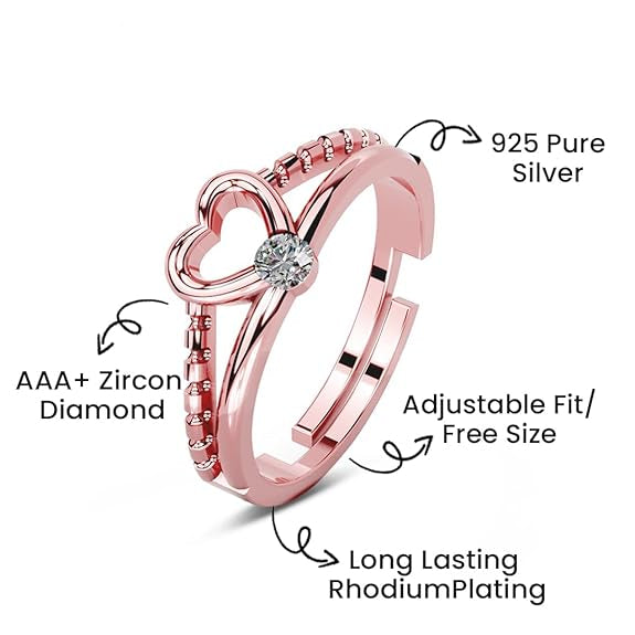 Silver Diamond Heart Ring in 925 Pure Sterling Silver Adjustable Elegant Design