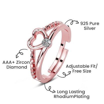 Silver Diamond Heart Ring in 925 Pure Sterling Silver Adjustable Elegant Design