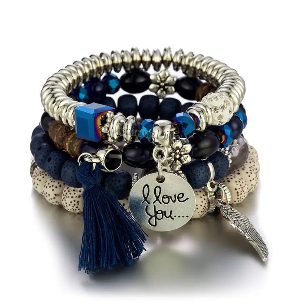 Bohemian I Love You Feather Charm Beaded Multilayer Bracelet for Women & Girls