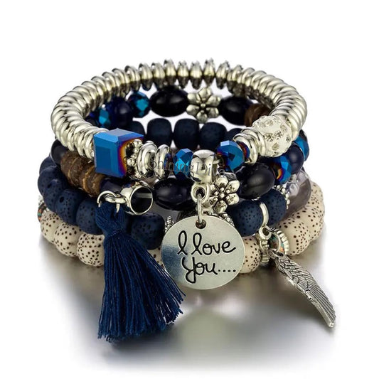 Bohemian I Love You Feather Charm Beaded Multilayer Bracelet for Women & Girls