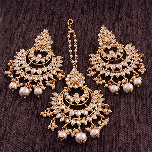 Earrings Set with Maang Tikka in Gold Plated Kundan & Pearl Traditional Design