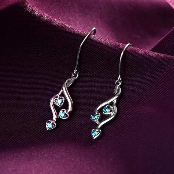 Silver Heart Earrings Dangle in 925 Sterling Silver Valentina Design with Rhodium Plated Swiss Zirconia