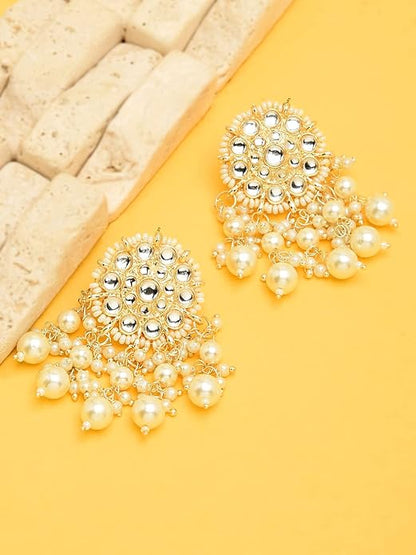 Gold Tone Kundan Pearl Wedding Dangle Earrings