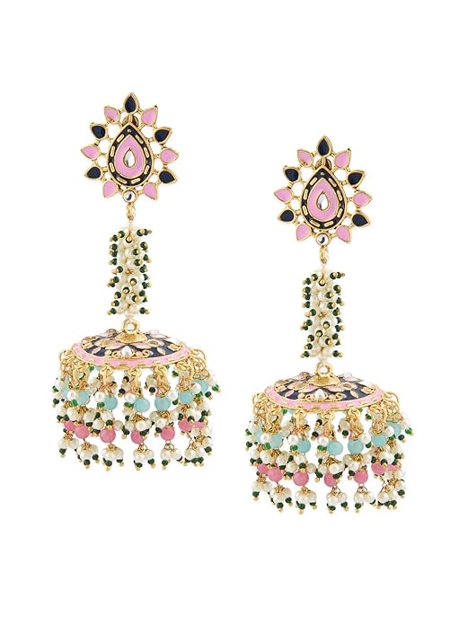 Meenakari Jhumka Earrings With Multicolor Beads