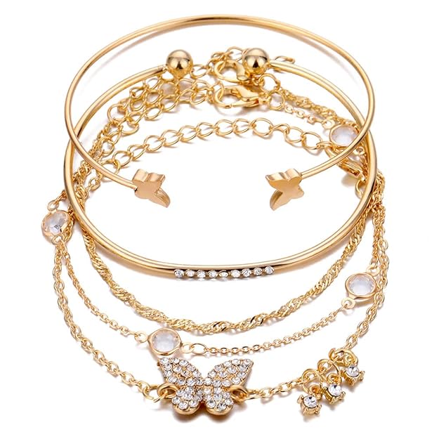 Set of 5 Stylish Multilayer Crystal Bangle Gold Plated Bracelet for Women and Girls (Golden)