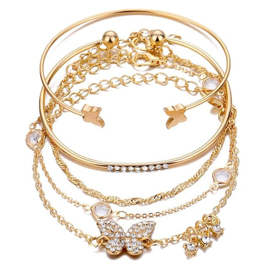Set of 5 Stylish Multilayer Crystal Bangle Gold Plated Bracelet for Women and Girls (Golden)