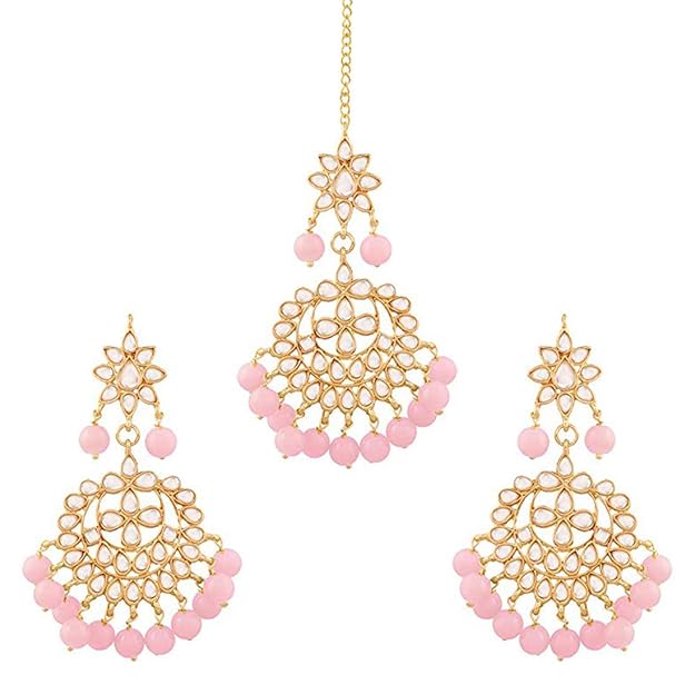 Bridal Mang Tika in Gold Plated Pearl and Kundan Studded Earring Set