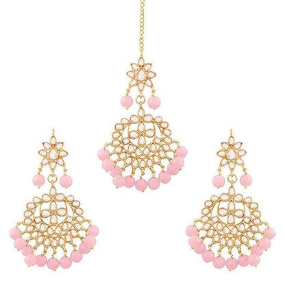 Bridal Mang Tika in Gold Plated Pearl and Kundan Studded Earring Set
