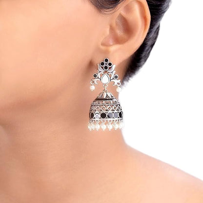 Oxidised Pink Pearl Jhumka Earrings