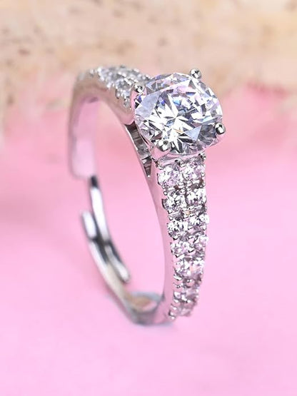 Silver Diamond Rings in Pure 925 Sterling Silver Solitaire Design with Adjustable Adjustable Band